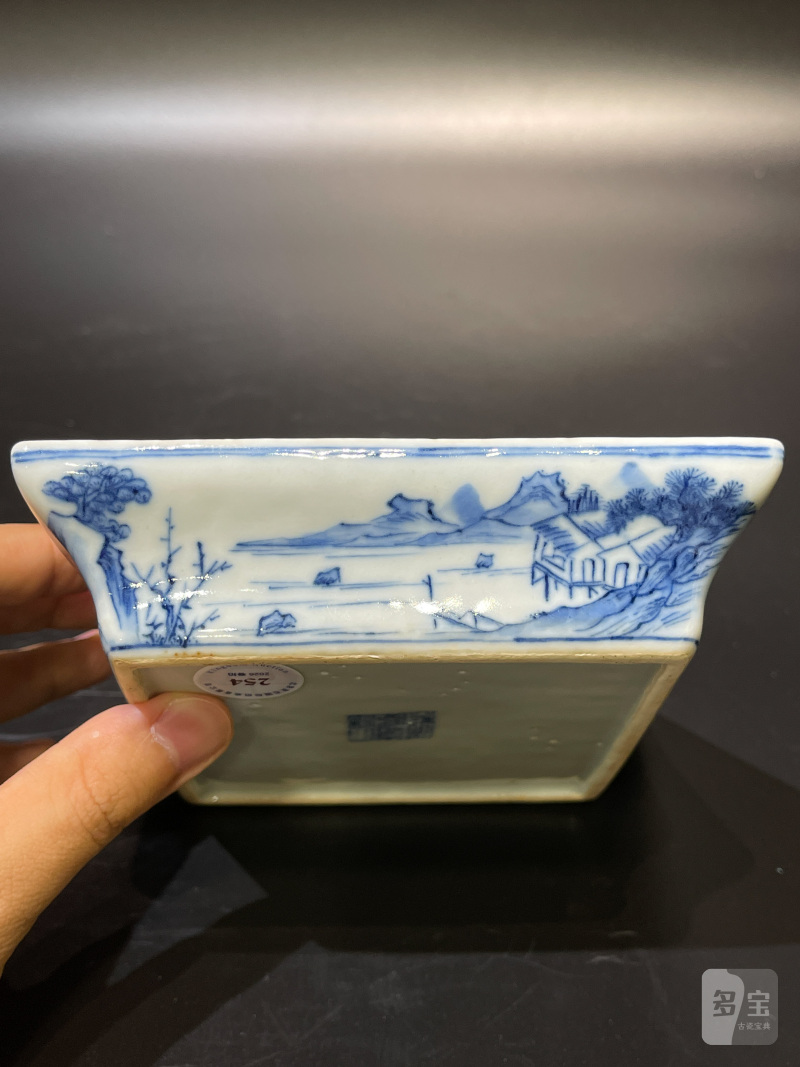 清嘉庆 青花山水人物图方盘 - 图8